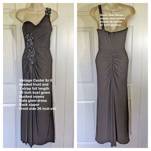 VTG Caché Sz 0 beaded front 1 strap full length 30" bust black gown Ruched seams